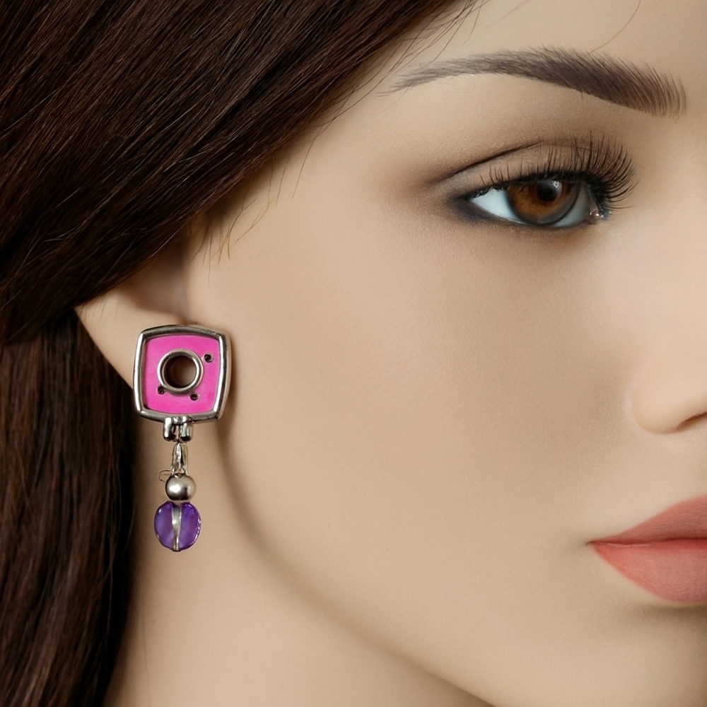 Women's Pink Silver-tone  Square Design & Purple Bead Drop Dangle Earrings
